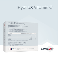 HydriaX Vitamin C Nahrungsergänzung – Rückseite mit Inhaltsstoffen und Nährwertangaben
